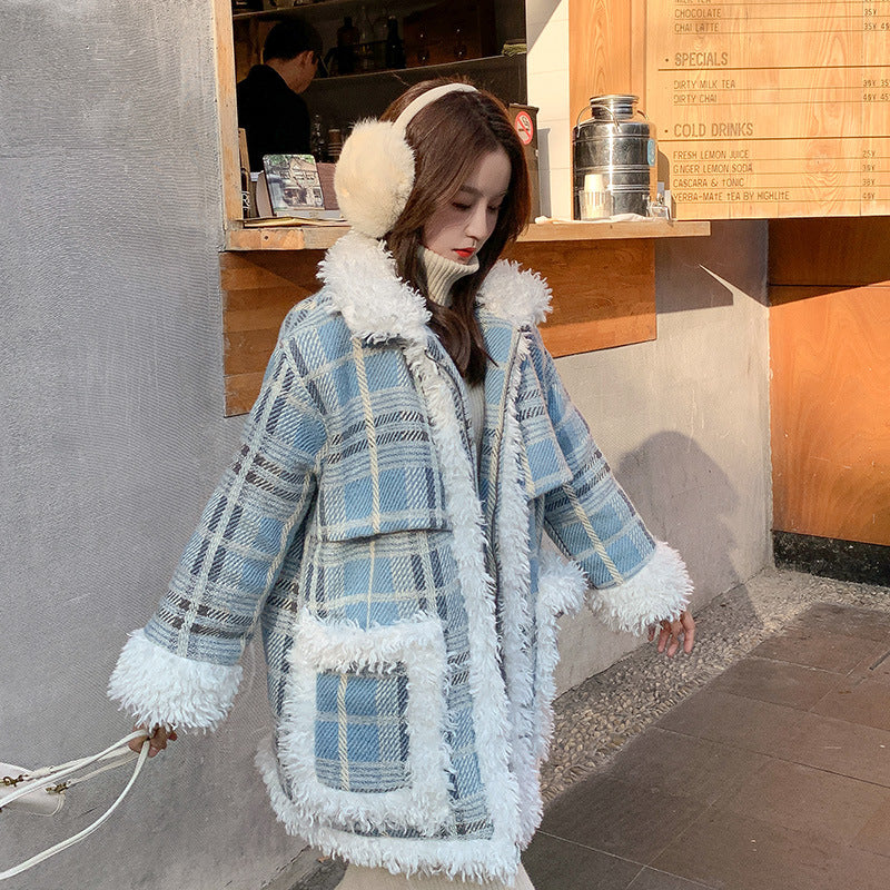 Temperament Commuter Big Pocket Lamb Hair Loose Short Coat