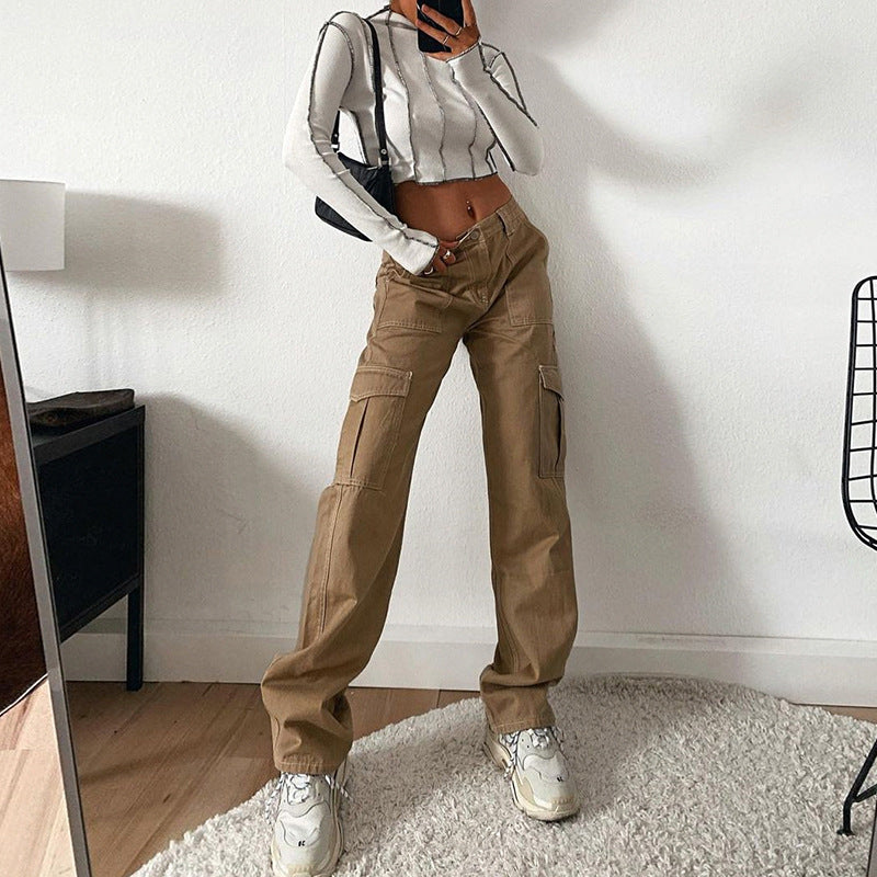 Mode Multi-lomme Syede Jeans Ensfarvet