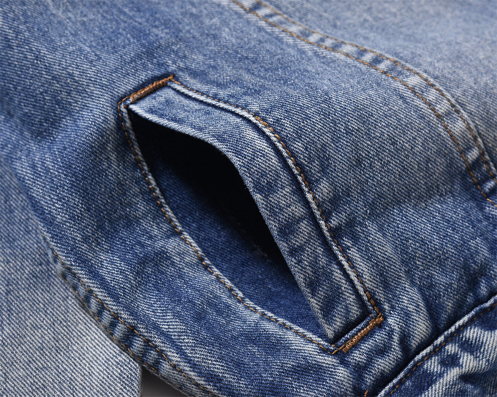 Spring And Autumn Denim Jacket Men's Washed Wear-White Ripped