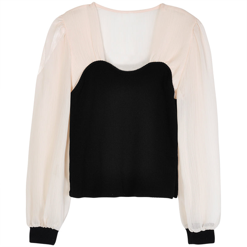 New French Long Sleeve Square Neck Thin Retro Shirt
