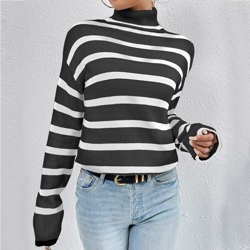 Women's Loose Contrast Color Striped Sweater Long-sleeved Top