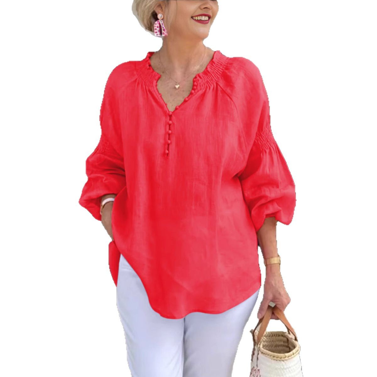 Womens Casual V-Neck Solid Color Cotton-Linen Long-Sleeve Top
