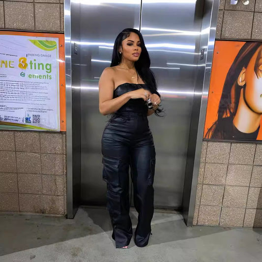 Women's Workwear With Pocket Tube Top One-piece Leather Pants
