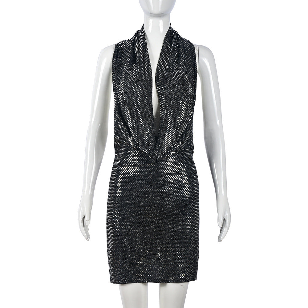Womens Beaded Hooded Slash-Neck Hollow-Out Backless Dress