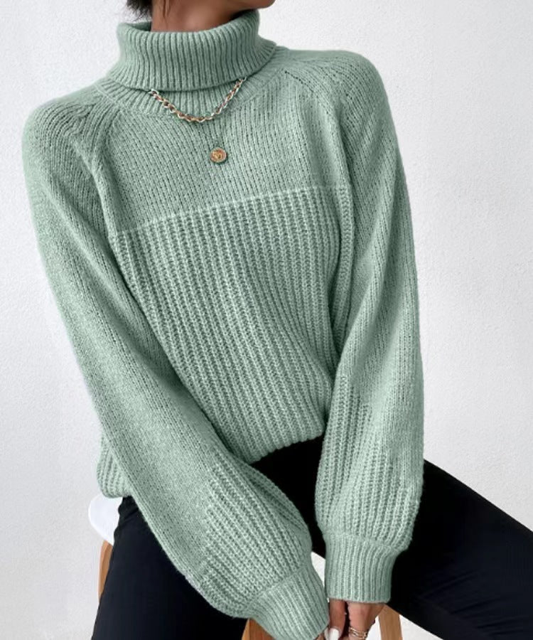 Simple Lapel Raglan Sleeves Pullover Knitted Sweater Women