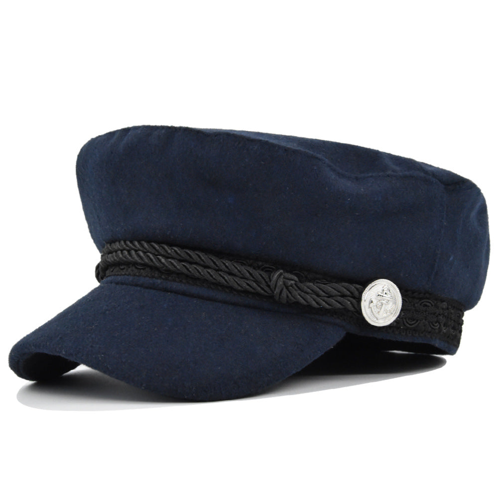 Women's Metal Buckle Octagonal Woolen Flat Hat
