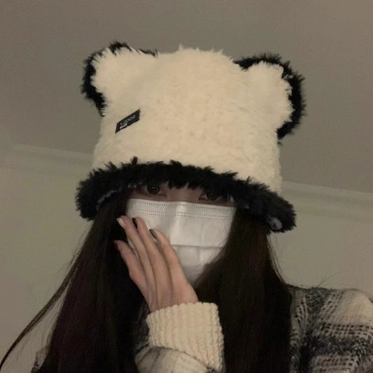 Cute Bear Black And White Bucket Hat Women's Contrast Color Warm