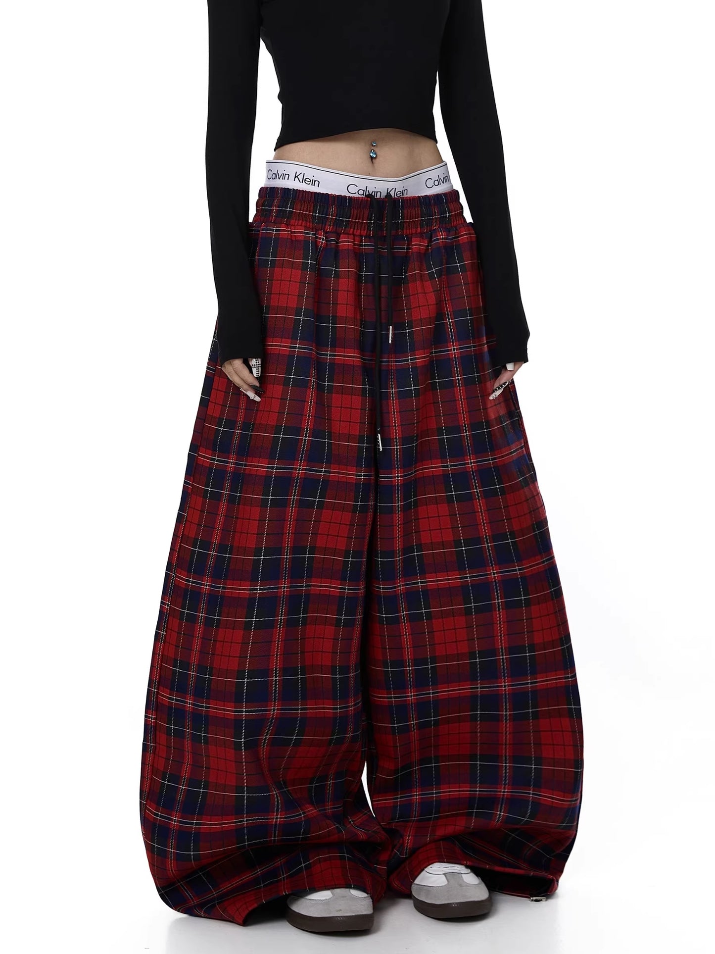 Womens Retro Effortless American-Style Drawstring Red Plaid Pants