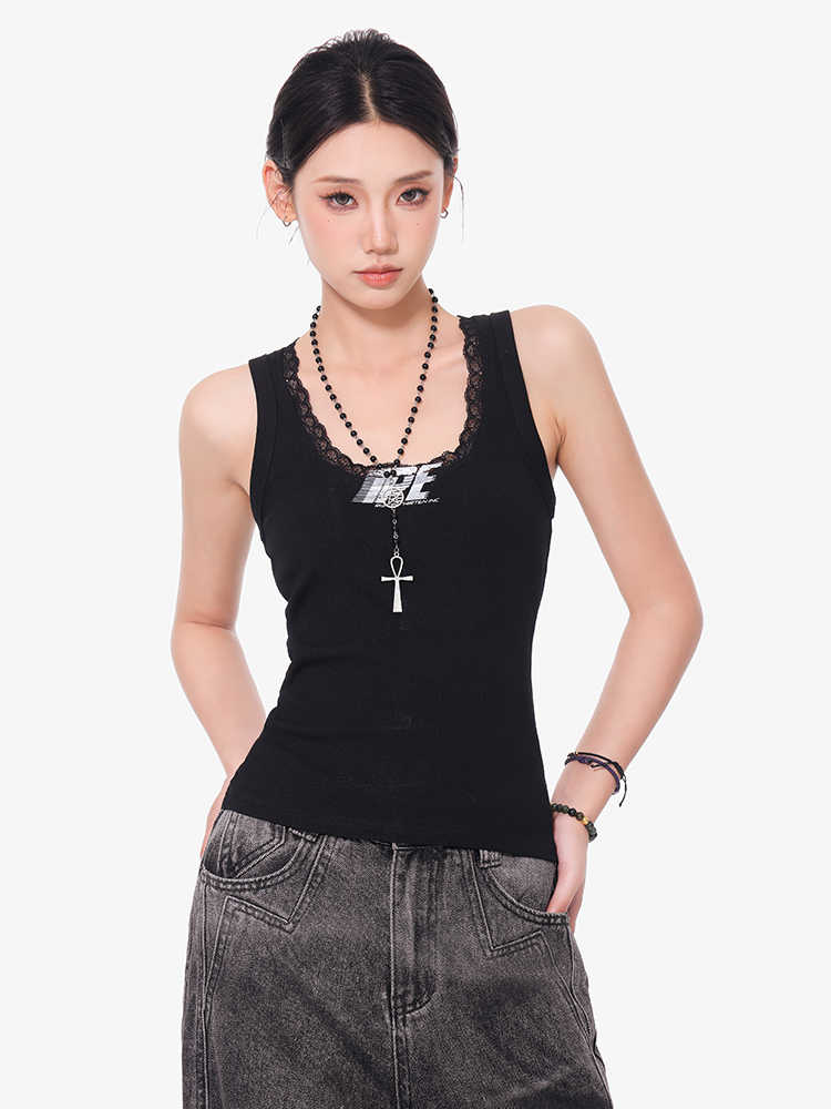 Black Lace I-shaped Camisole Women's Slim U Collar Top