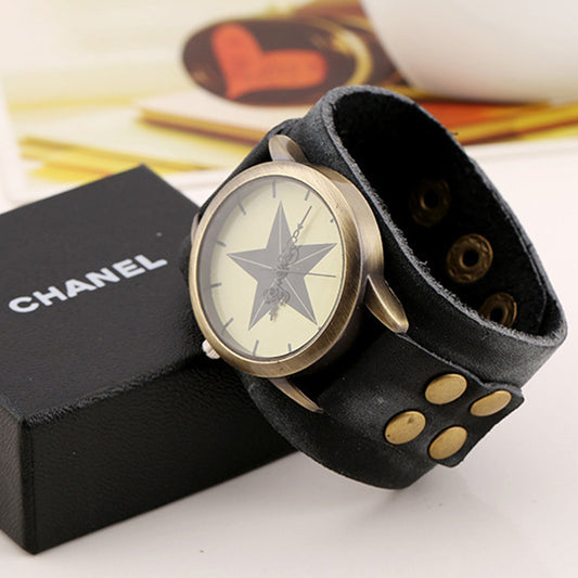Wide Leather Vintage Leather Bracelet Watch