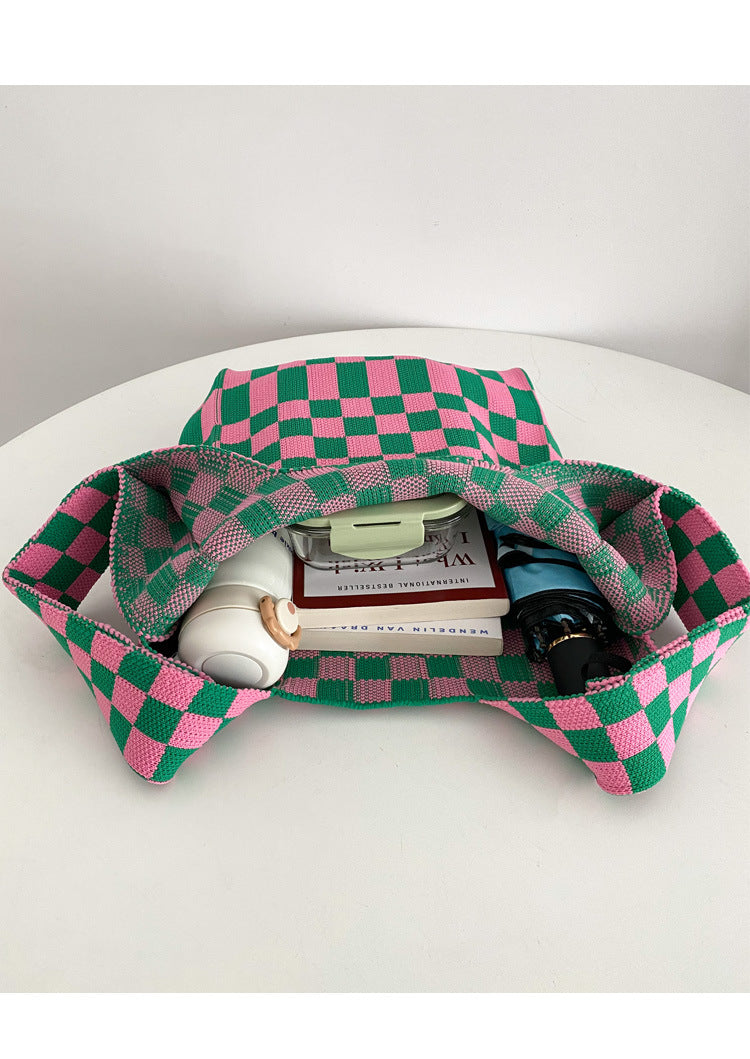 Checked Knitted Handbag With Convenient Hand Bag