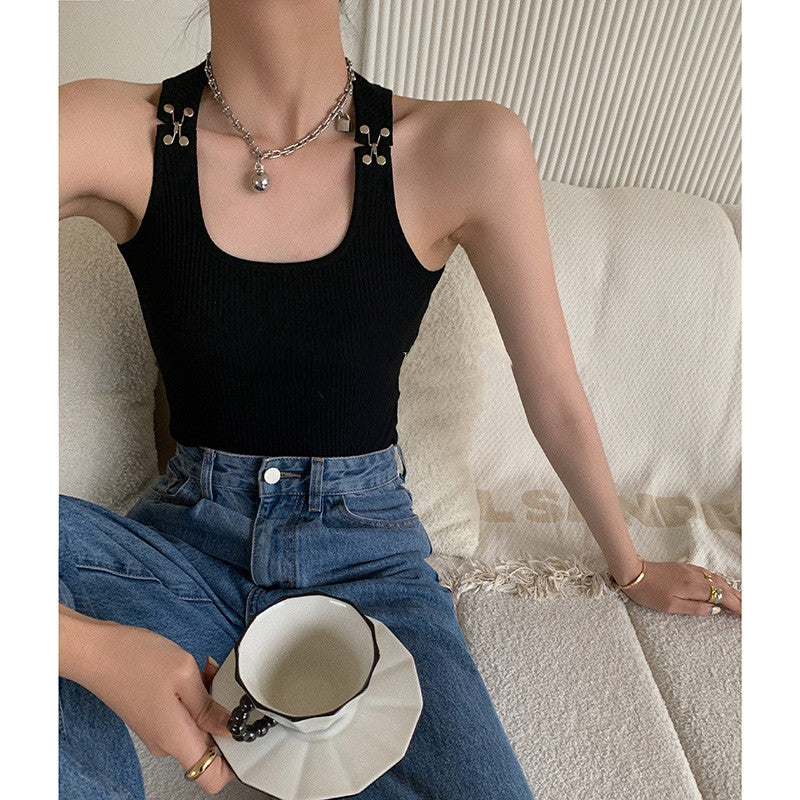 Spring Metal Buckle Embellished Shoulder Tank Top