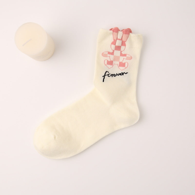 Bow three-dimensional flower cotton socks checkerboard rabbit