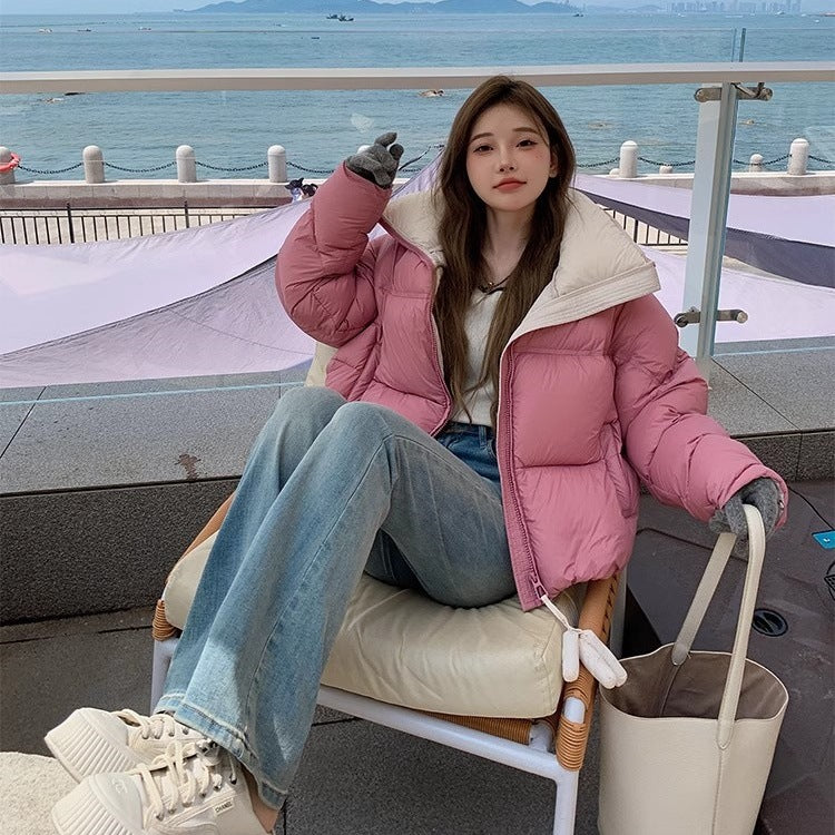Women's High Collar Warm Cotton-padded Coat With Contrast Color Design