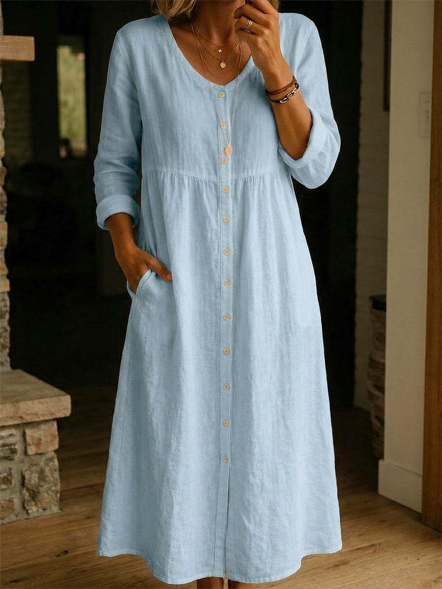 Fashionable Casual Loose Long-Sleeve Cotton-Linen Button-Up Womens Long Dress