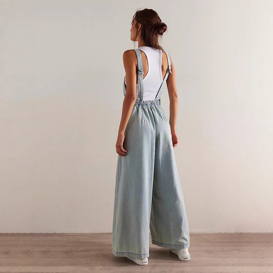 Denim Pocket Loose Wide Leg Overalls