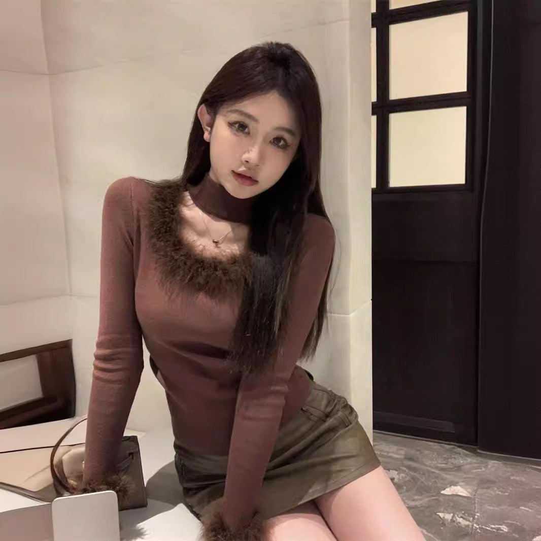Women's Patchwork Halter Round Neck Soft Glutinous Dralon Bottoming Shirt