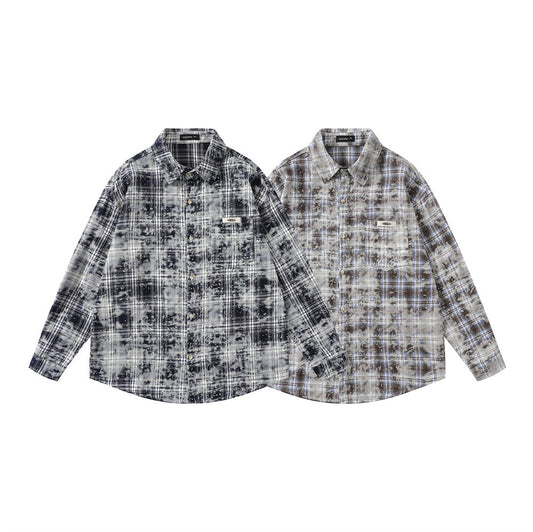 American Retro Tie-dye Distressed Plaid Long Sleeve Shirt Men