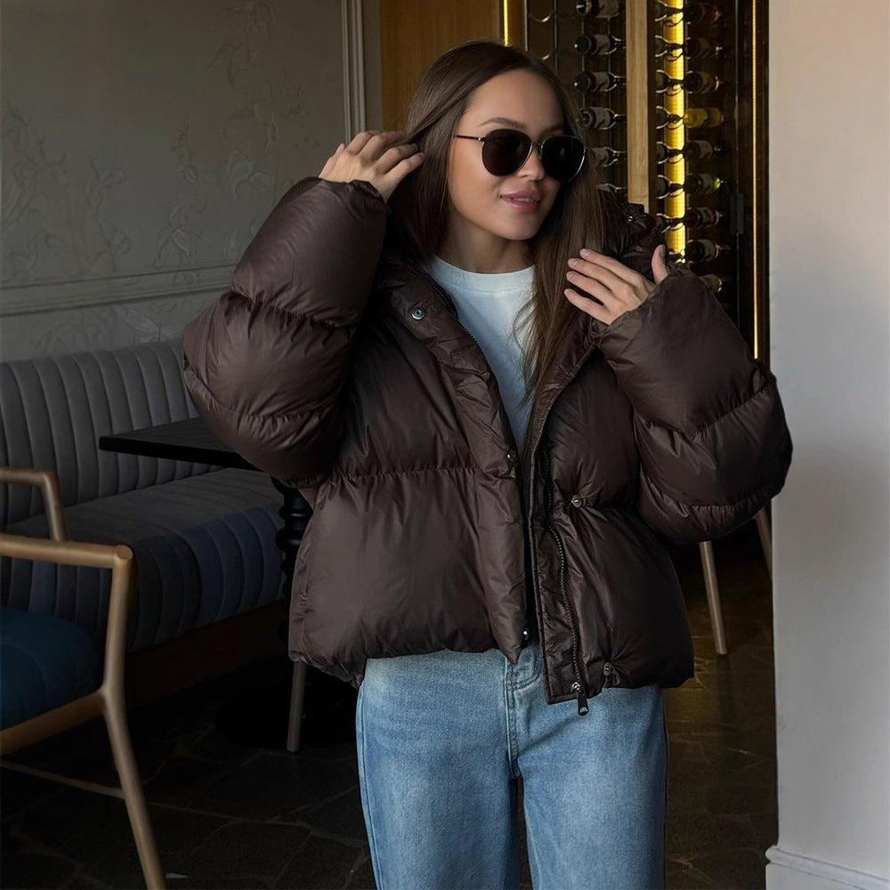 Solid Color Hooded Long Sleeve Cotton Coat For Women