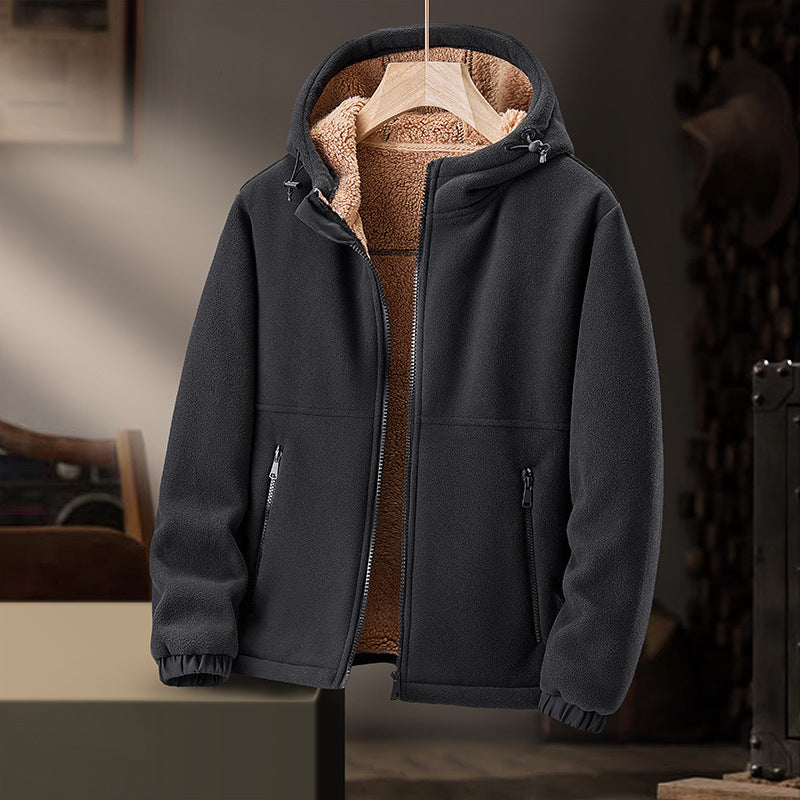 Men's Fleece Casual Hooded Lamb Wool Thickened Warm Cardigan Coat
