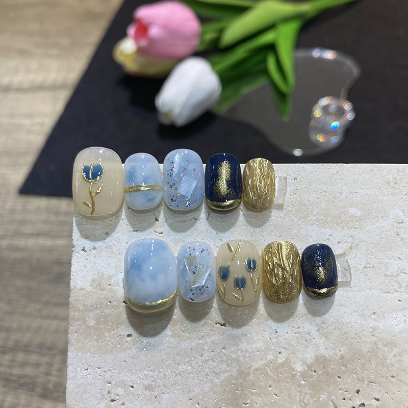 Women's Navy Blue Short Handmade Nail Sticker