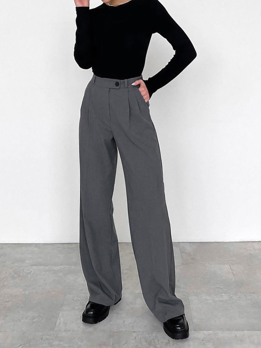 Gray High Waist Straight Commute Style Draped Trousers Pants