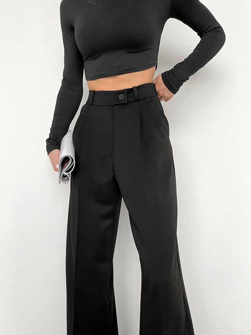 Gray High Waist Straight Commute Style Draped Trousers Pants