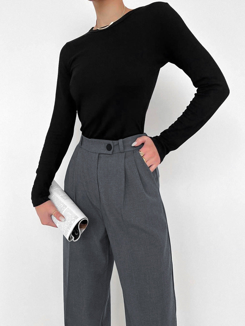 Gray High Waist Straight Commute Style Draped Trousers Pants
