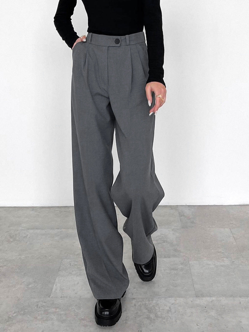 Gray High Waist Straight Commute Style Draped Trousers Pants
