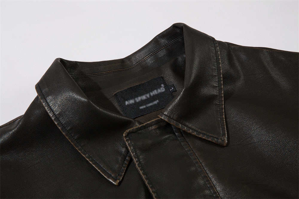 American Solid Color Polo Collar PU Leather Coat