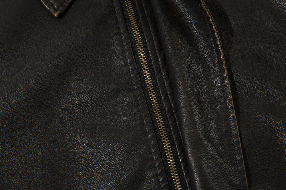 American Solid Color Polo Collar PU Leather Coat