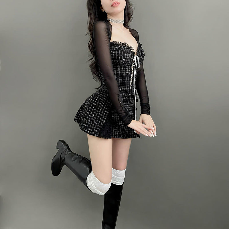 Winter New Mesh Long Sleeve Blouse Plaid Lace Vest Skirt Suit Women