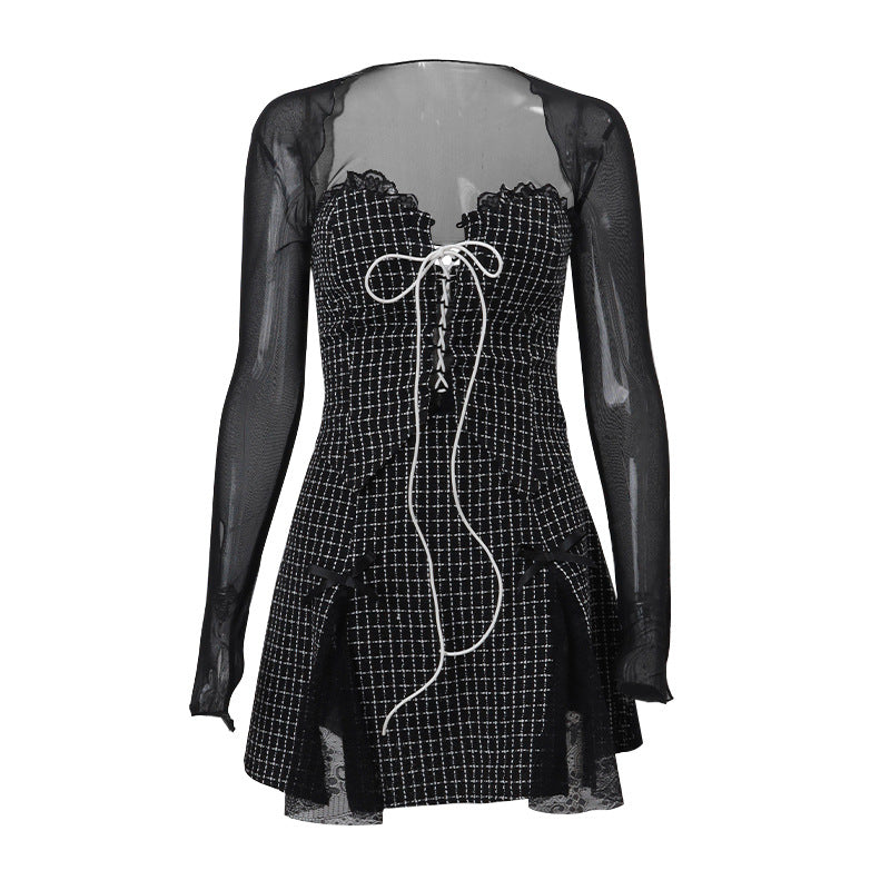 Winter New Mesh Long Sleeve Blouse Plaid Lace Vest Skirt Suit Women