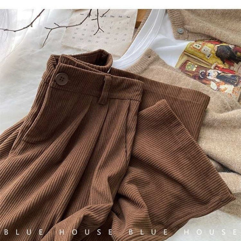 Women's Loose Slimming Straight Casual Long Pants Wide-leg Corduroy Fleece-lined