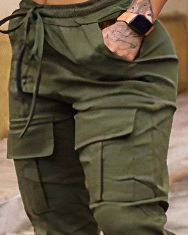 Slim Fit Drawstring Waist Covered Pocket Overalls
