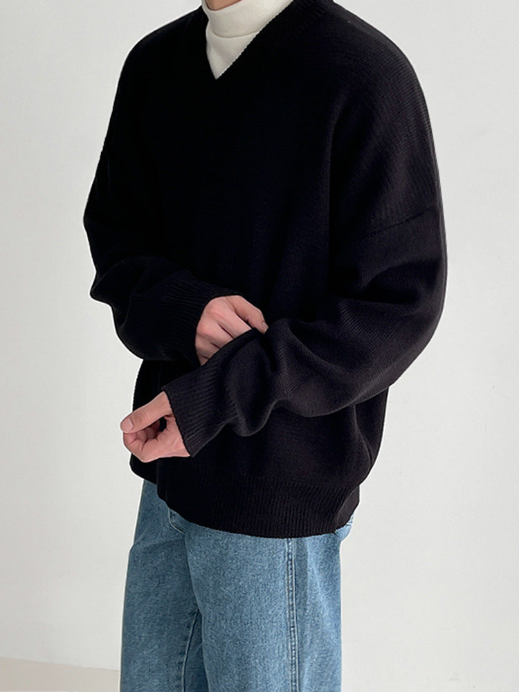 Solid Color And V-neck Sweater Men's Autumn And Winter Thickened