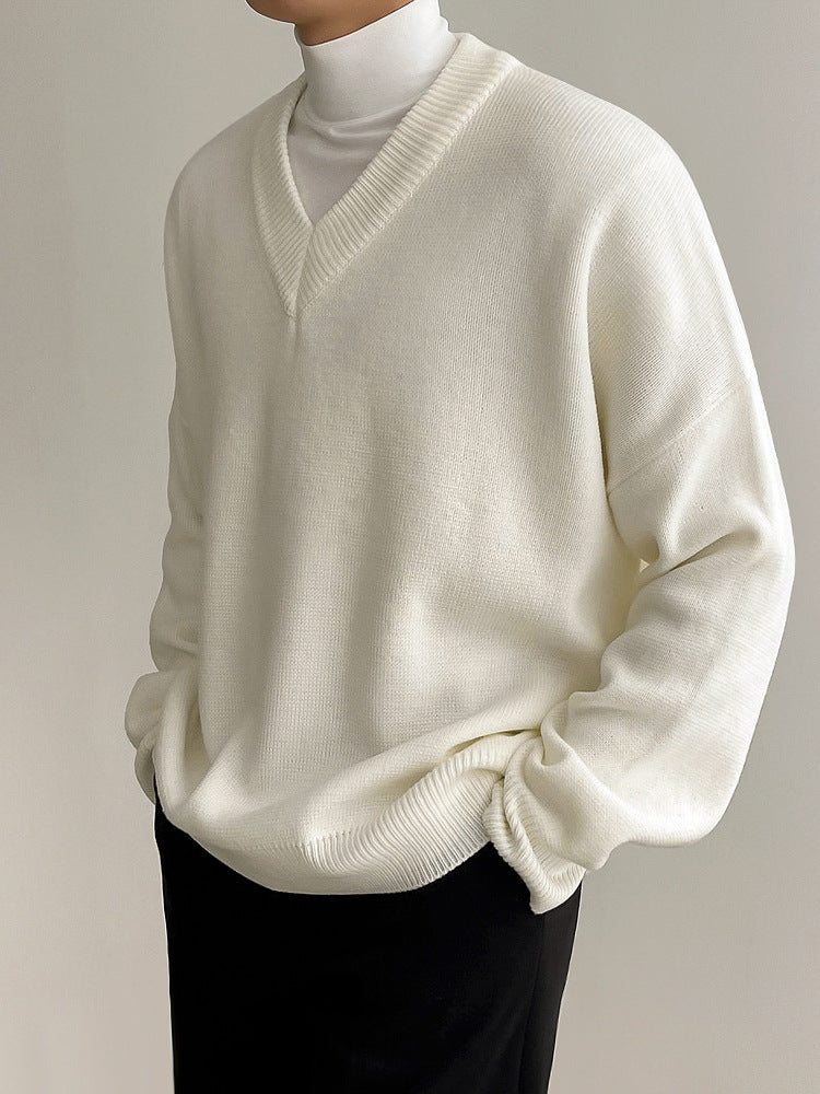 Solid Color And V-neck Sweater Men's Autumn And Winter Thickened