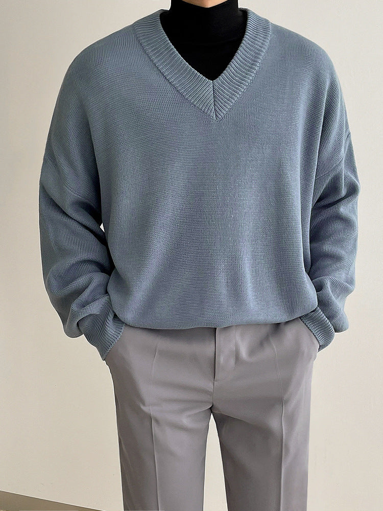 Solid Color And V-neck Sweater Men's Autumn And Winter Thickened