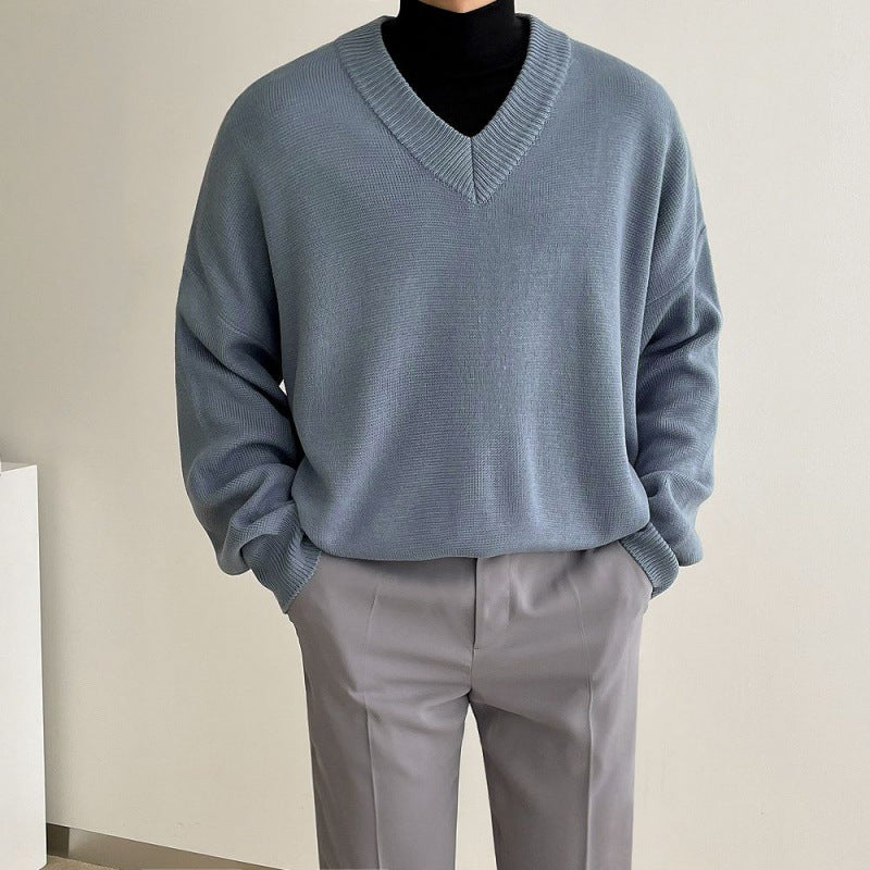 Solid Color And V-neck Sweater Men's Autumn And Winter Thickened