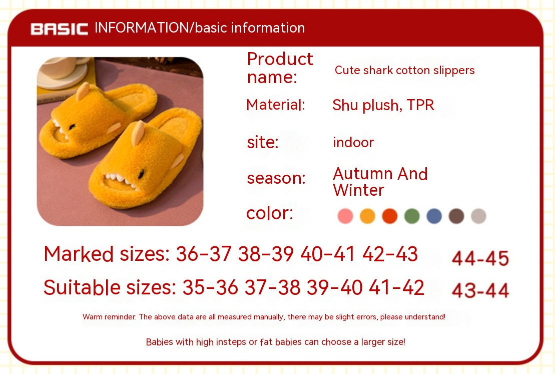 Men's And Women's Autumn And Winter Shark Cotton Slippers Non-slip Warm