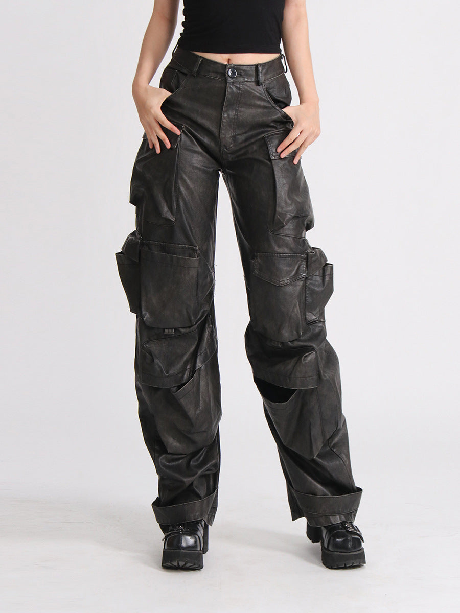Fashion Unique Design Pocket High Waist Wide Leg Solid Color American PU Overalls