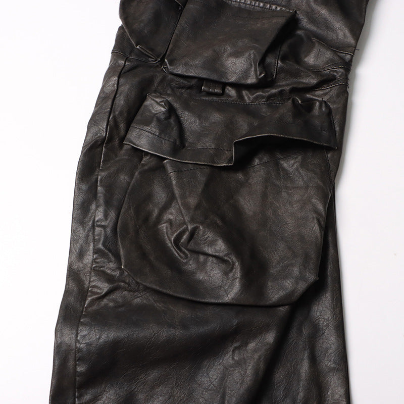 Fashion Unique Design Pocket High Waist Wide Leg Solid Color American PU Overalls