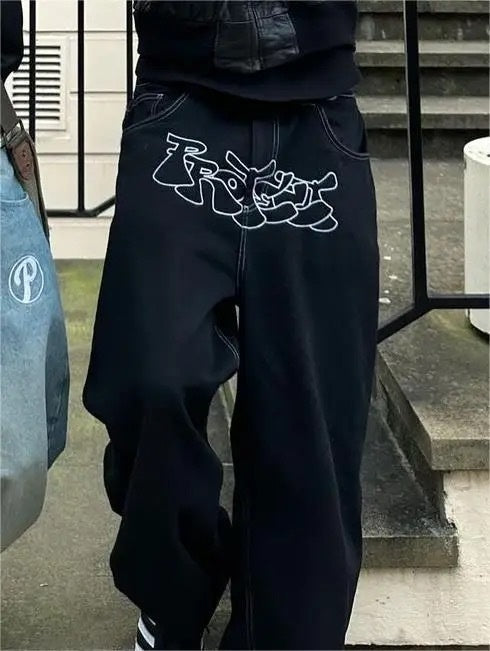 Amerikansk Gade Baggy Afslappet Retro Hip Hop Print Stilfuld Mode Højtaljede Jeans til Mænd