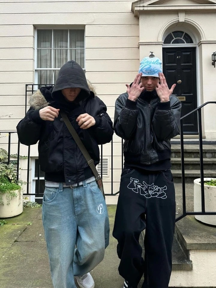 Amerikansk Gade Baggy Afslappet Retro Hip Hop Print Stilfuld Mode Højtaljede Jeans til Mænd