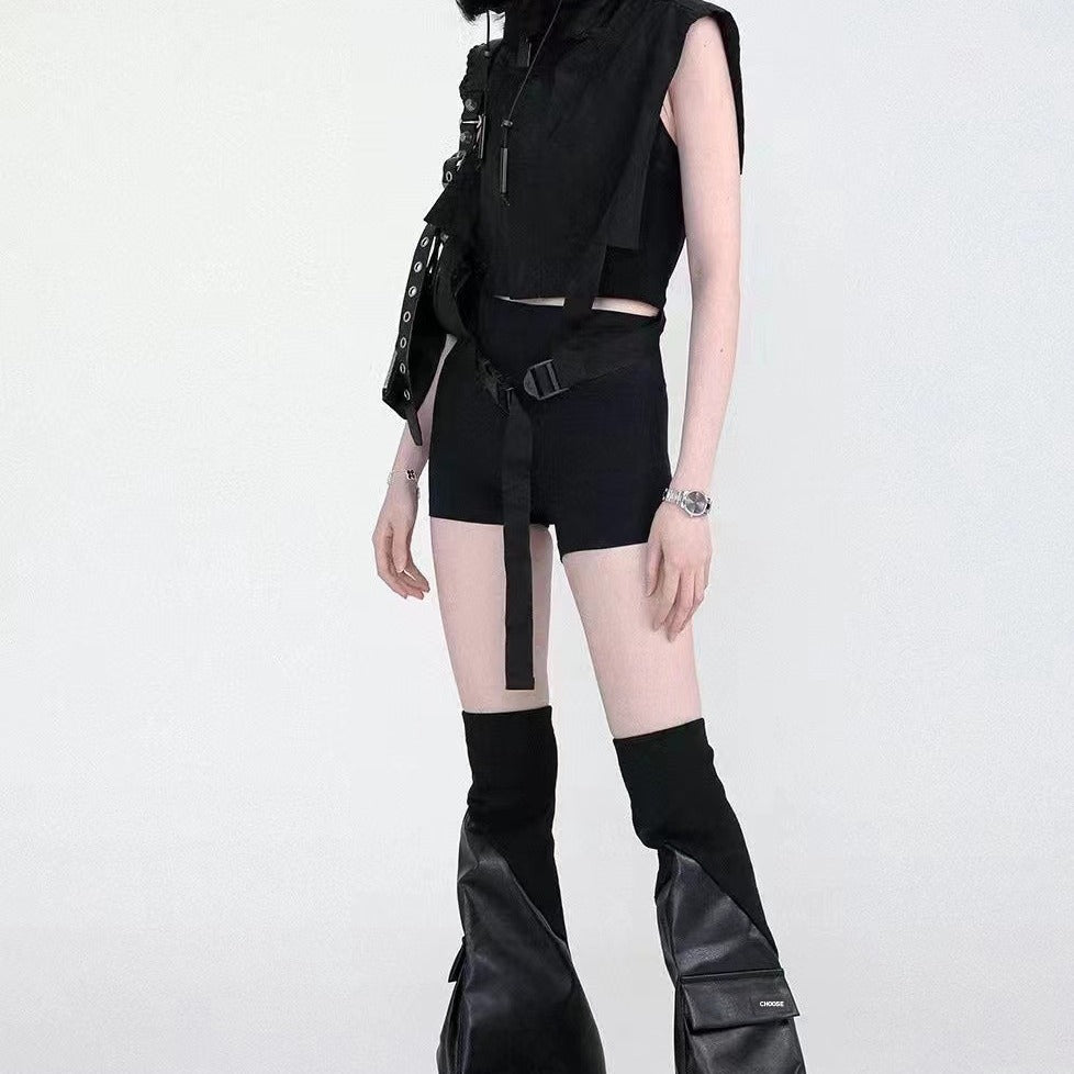 PU Fabric Stitching Leather Patchwork Pocket Trend Mechanical Style Leg Warmer