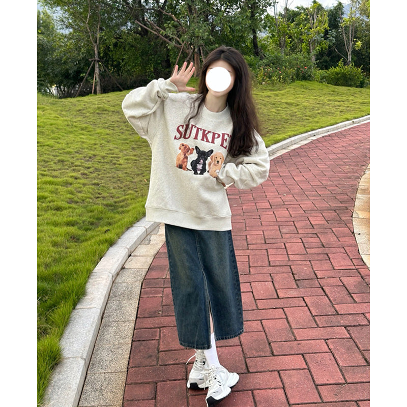 American Retro Cartoon Puppy Gray Sweater Female Spring And Autumn Idle Style Niche Round Neck Long Sleeve Top
