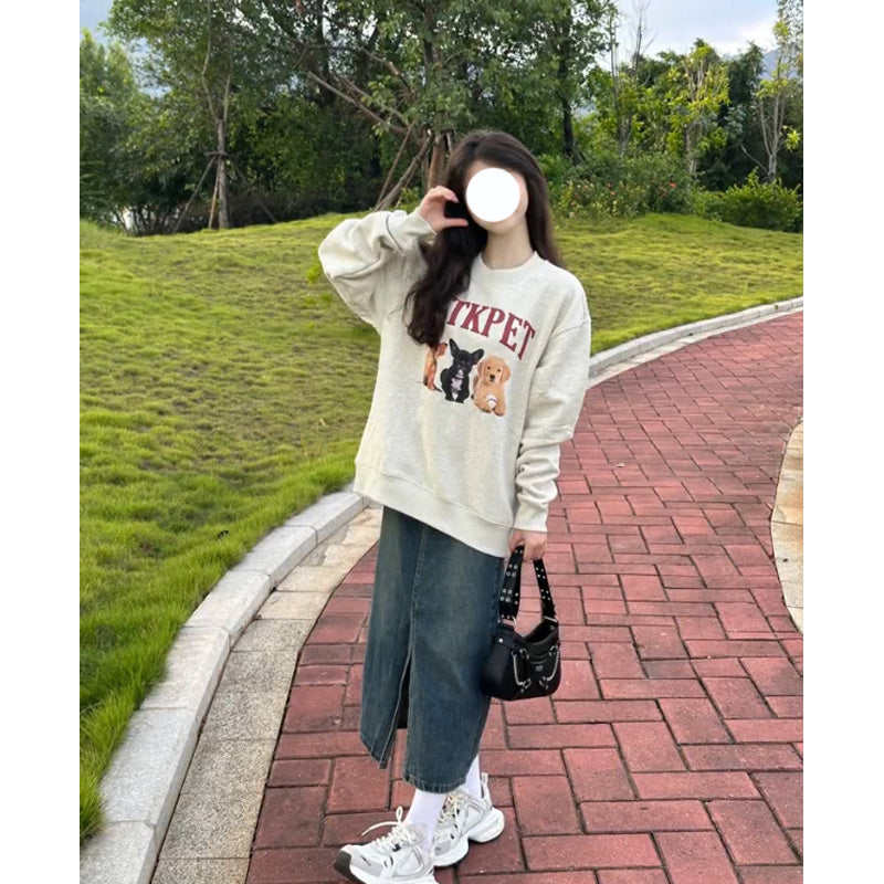 American Retro Cartoon Puppy Gray Sweater Female Spring And Autumn Idle Style Niche Round Neck Long Sleeve Top