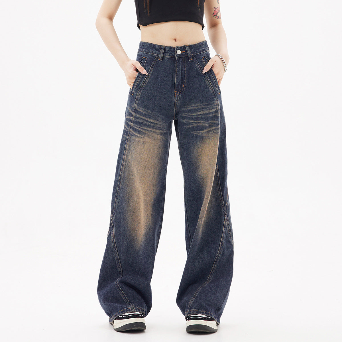Retro Washed Dark Blue Straight Jeans