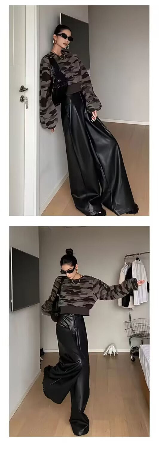 High Waist Drooping PU Leather Pants Female