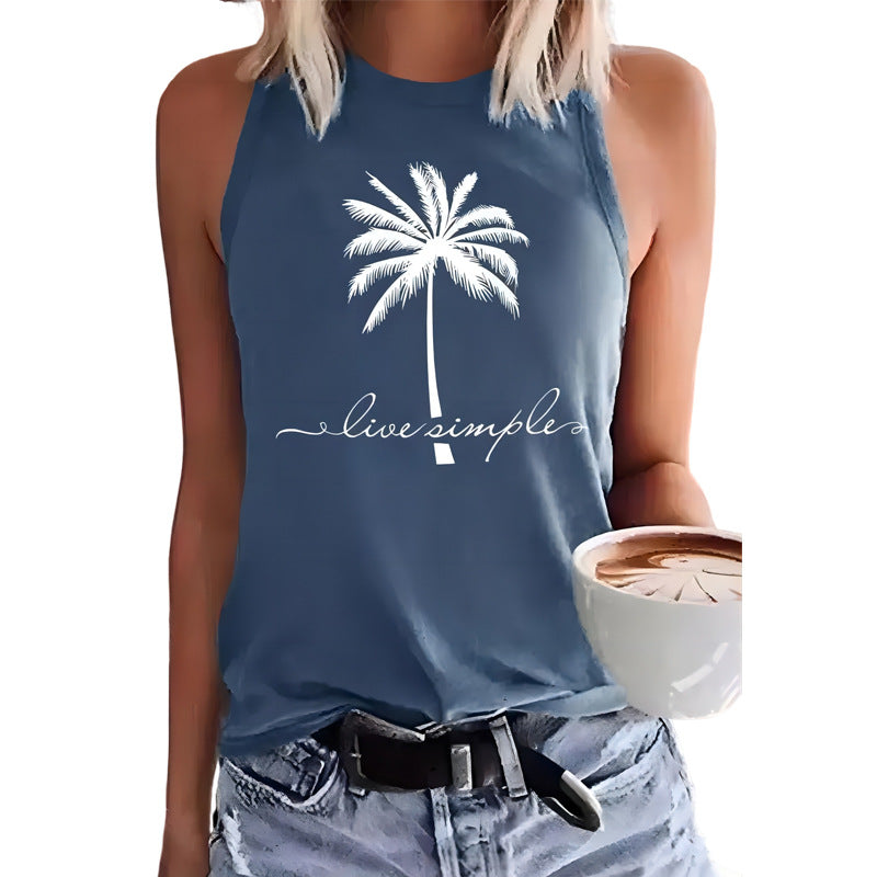 Kokospalme Print Rund Hals Afslappet Ærmeløs T-shirt Damevest